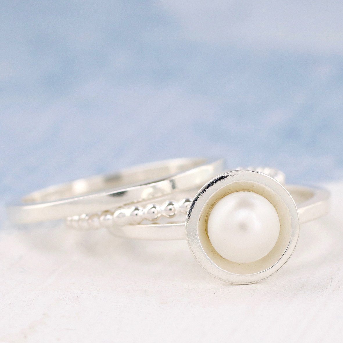 silver Pearl stackable rings