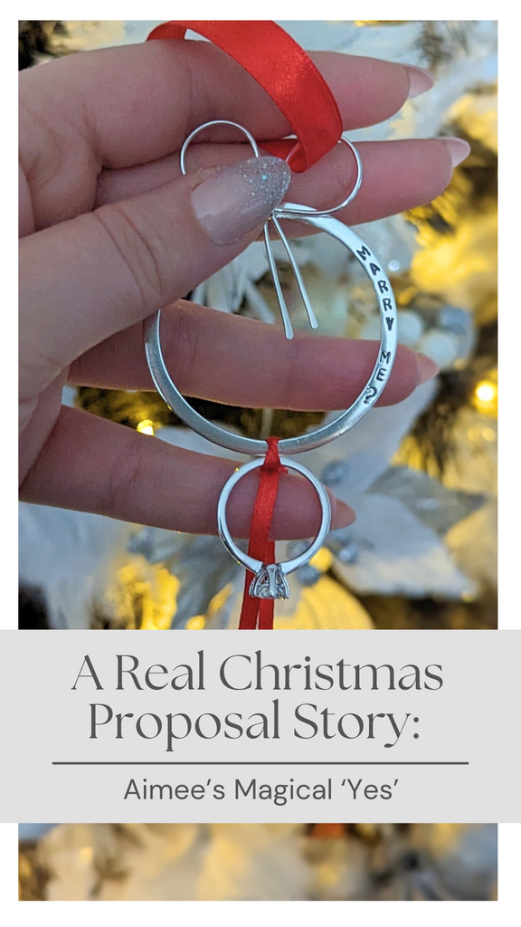 Handmade sterling silver Marry Me Bauble used in a real Christmas proposal story, blog title overlayed.