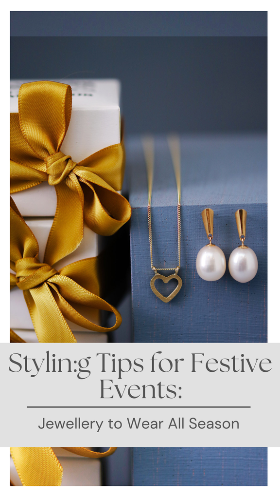 Jewellery to Wear All Season blog title graphic in festive styling theme with elegant gold, silver, and pearl accents