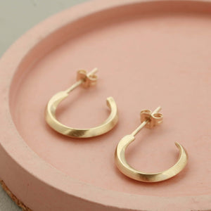 9ct hoop earrings close up on pale pink dish, real gold small hoop earrings anniversary gift