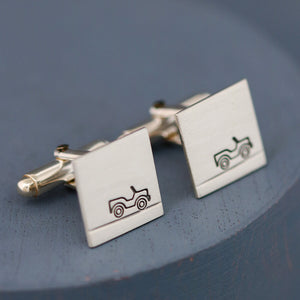Pair of Car cufflinks shown face on to highlight car motif and matte finish, ideal gift for car lovers or Groom’s wedding cufflinks.