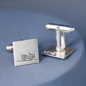 One Car cufflink face on and one upturned to show secret message on the reverse, unique gift for car lovers and thoughtful wedding gift.
