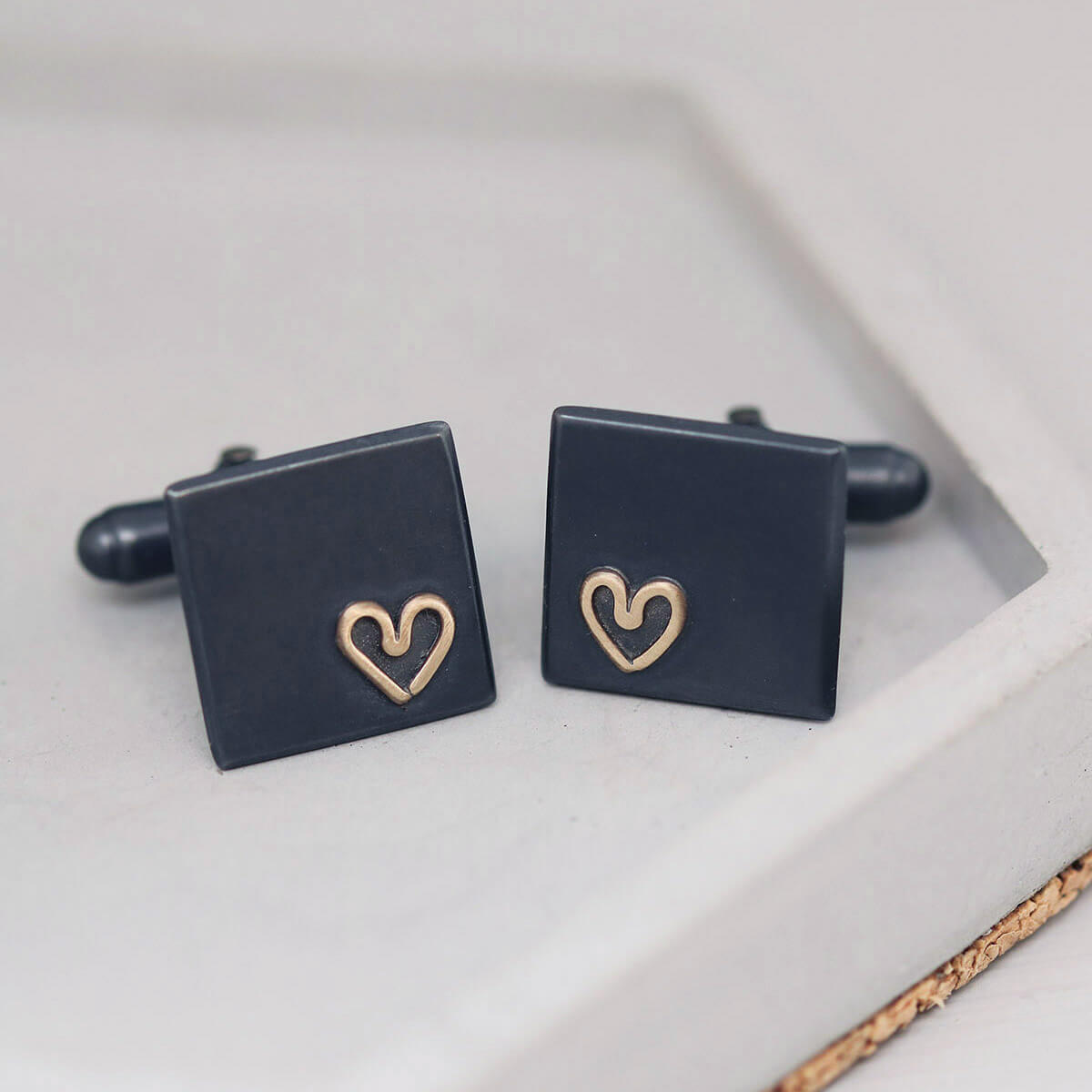 Luxury silver cufflinks with 9ct gold heart accent, elegant special anniversary gifts for husband or groom.