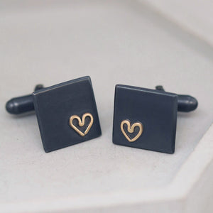 Luxury silver cufflinks with 9ct gold heart accent, elegant special anniversary gifts for husband or groom.