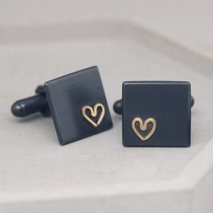 Close-up showing brushed matte texture and gold heart motif, timeless Groom wedding cufflinks for romantic occasions.