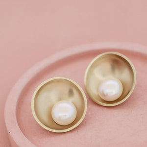 Handmade statement pearl earrings with polished gold domes and freshwater pearls