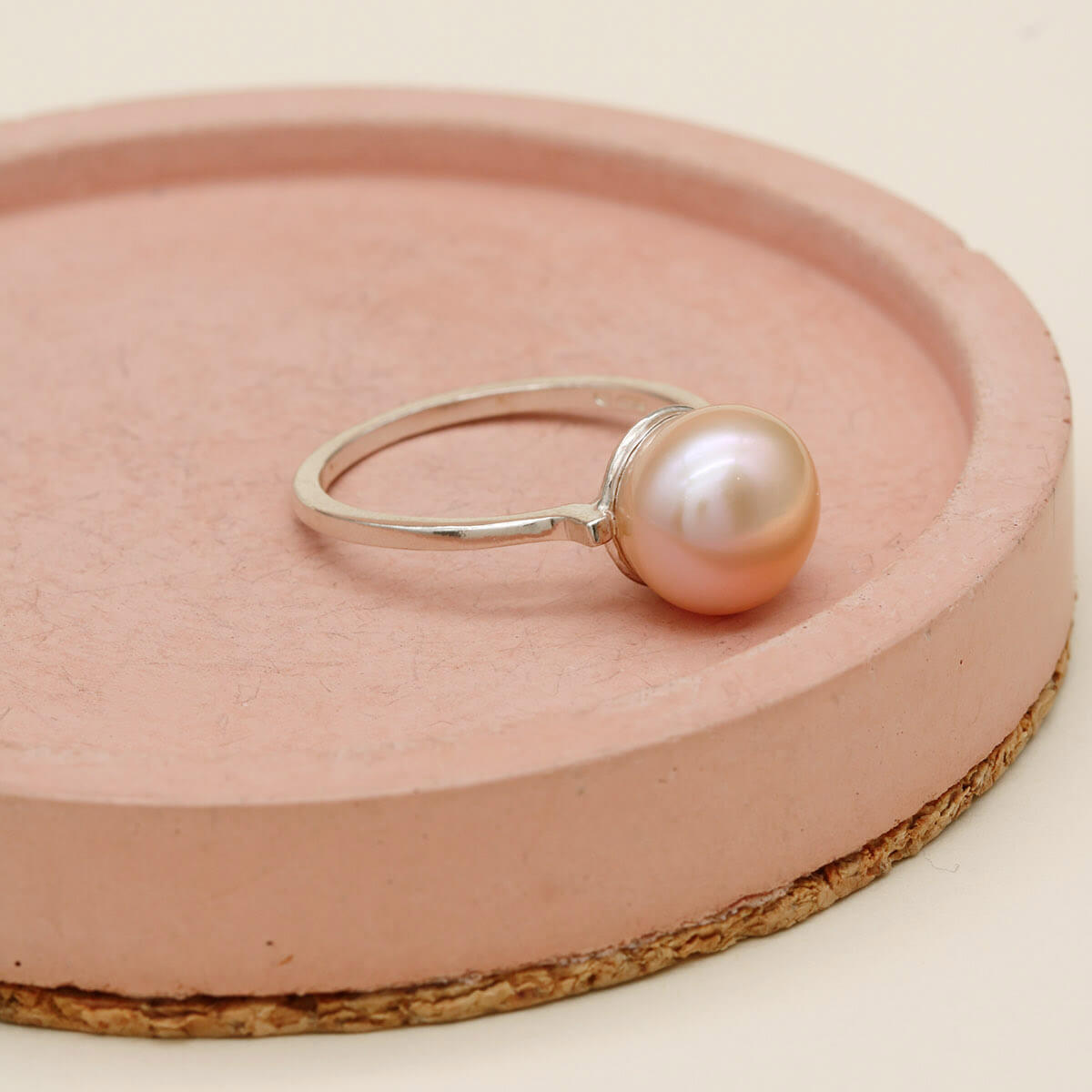 Peach pink freshwater pearl statement ring in sterling silver
