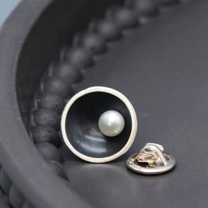 Oxidised sterling silver pearl pin with genuine freshwater pearl, designed to be worn as a tie pin, lapel pin or cravat pin.