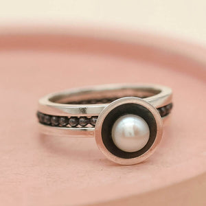 Black pearl ring stack handcrafted in sterling silver with oxidised detailing