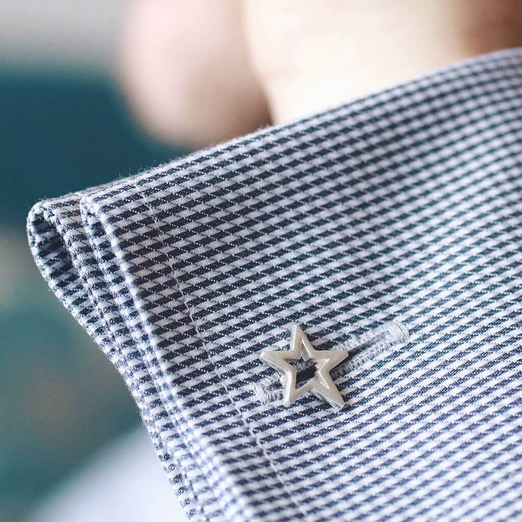 Sterling silver Star cufflinks worn on a smart blue shirt – elegant and versatile Star cufflinks for a graduation gift for son or celebration.