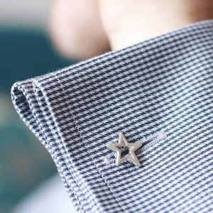 Sterling silver Star cufflinks worn on a smart blue shirt – elegant and versatile Star cufflinks for a graduation gift for son or celebration.