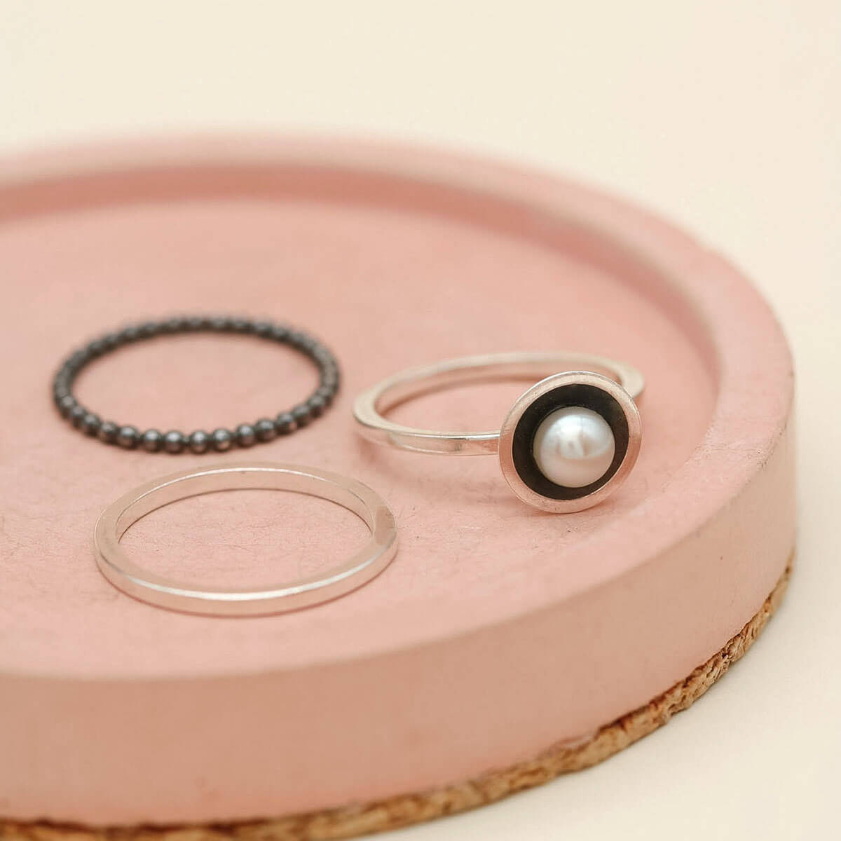Sterling silver stacking ring set with pearl ring, beaded band and plain silver band