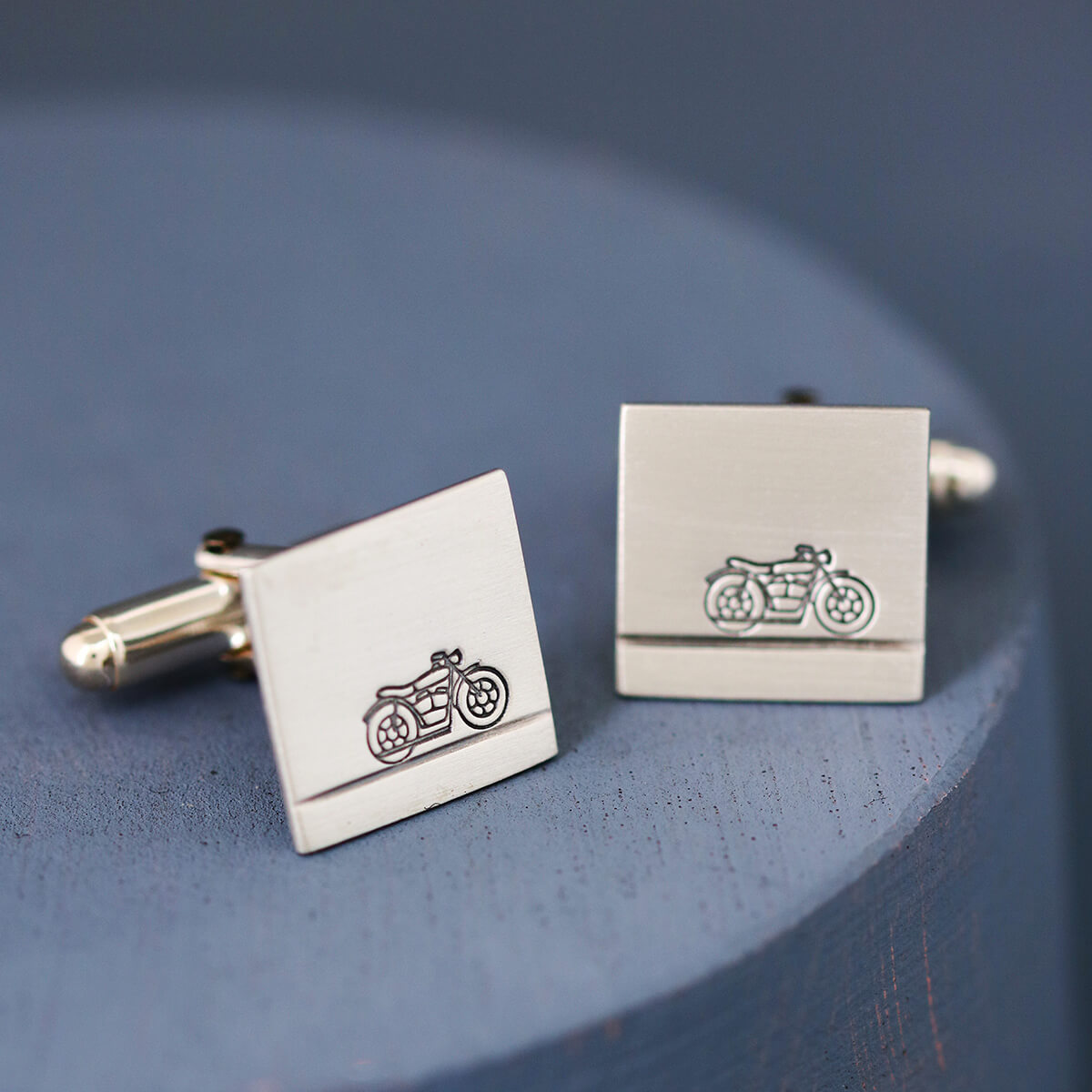 Motorbike cufflinks with detailed bike stamp on deep blue background, great personalised gifts for a biker dad at Christmas