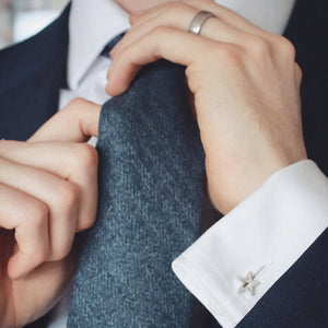 Silver Star cufflinks styled on a crisp white shirt – a classic choice for weddings, work events, or as a graduation gift for son.