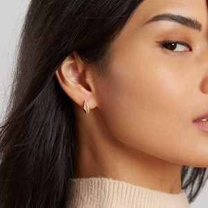 Side profile showing gold art deco earrings, perfect bridesmaid gift in solid gold.