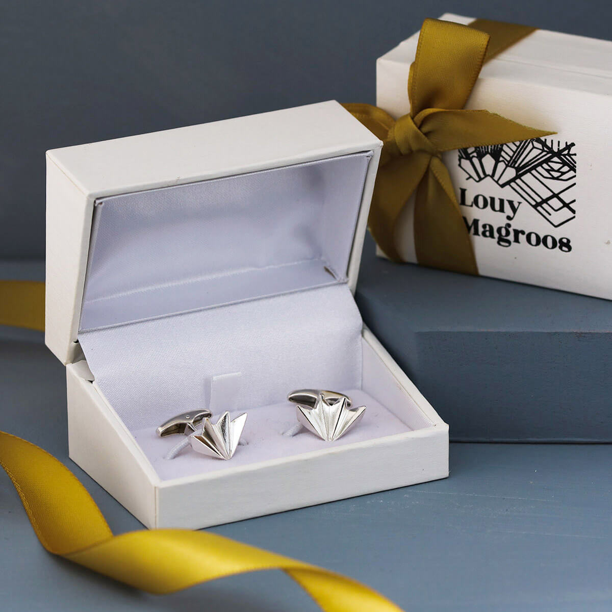 Art deco cufflinks in presentation gift box with ribbon, men’s silver cufflinks perfect for wedding, anniversary or Christmas gift
