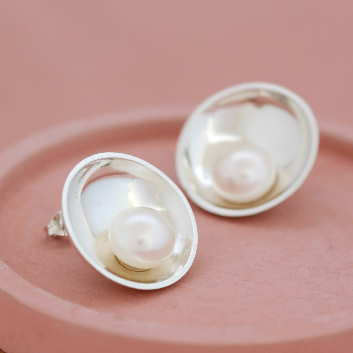 Large pearl stud earrings handcrafted in sterling silver with 10mm freshwater pearls