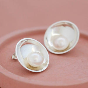 Large pearl stud earrings handcrafted in sterling silver with 10mm freshwater pearls