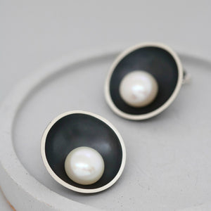 Statement black pearl stud earrings handcrafted in sterling silver