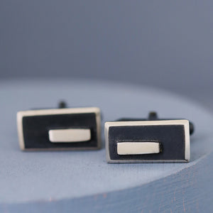 Detailed shot of the oxidised black finish on the cufflinks, paired with polished silver highlights — timeless special gift for husband’s birthday.
