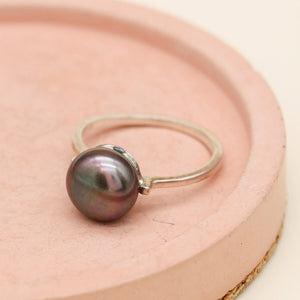 Peacock blue freshwater pearl ring handcrafted in sterling silver