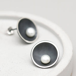 Handmade oxidised sterling silver pearl stud earrings with genuine freshwater pearls, inspired by elegant Art Deco design.