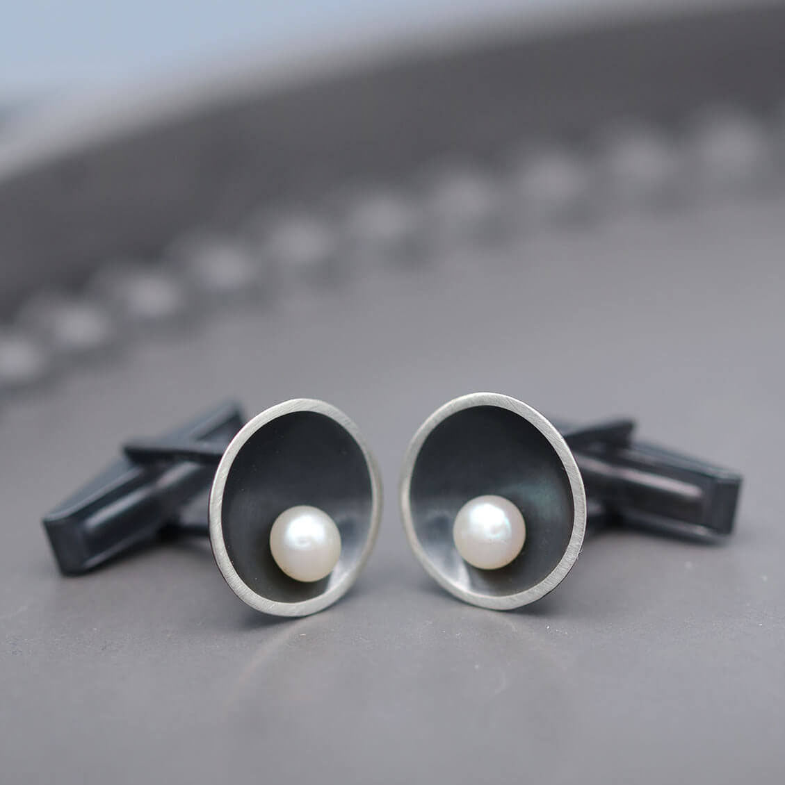 Handmade pearl cufflinks for men featuring oxidised silver and genuine freshwater pearls for formal occasions.