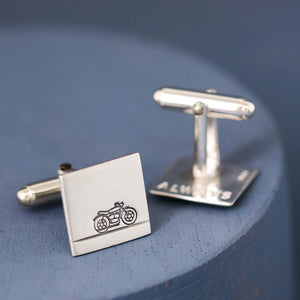 Motorbike cufflinks with matte brushed finish on deep blue background, perfect Christmas gift for a motorbike enthusiast husband