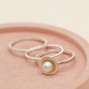 Handmade stacking rings for women with pearl, beaded and plain silver bands