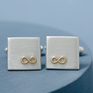 Both cufflinks front on, showcasing the contrast of sterling silver and 9ct gold – the perfect husband anniversary gift or groom accessory.