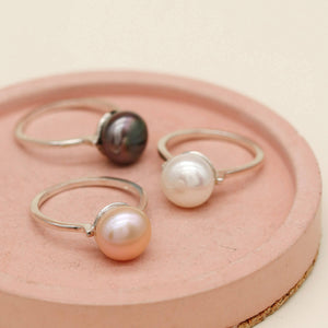 Large pearl ring available with ivory white, peach pink and peacock blue freshwater pearls