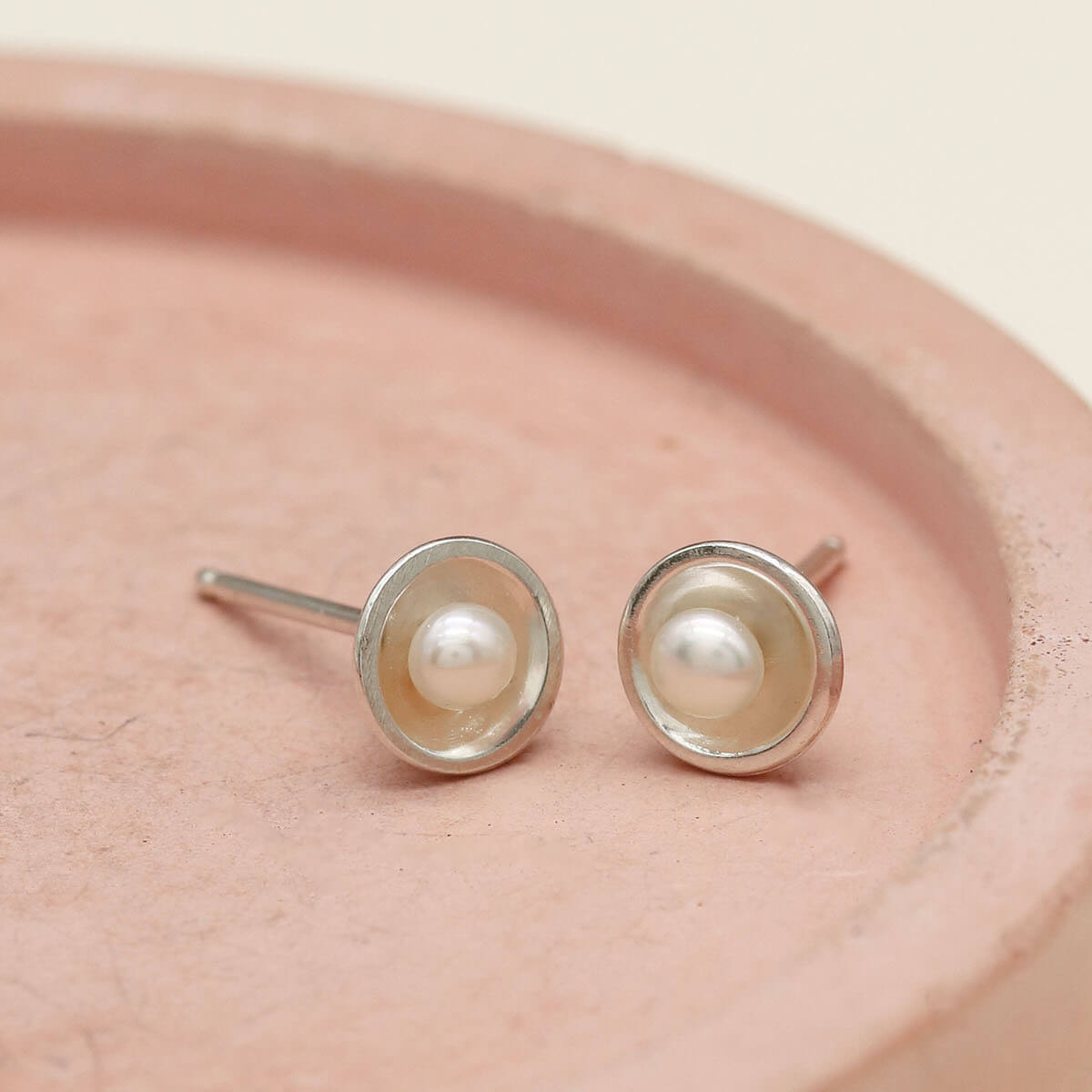 Tiny pearl stud earrings handmade in sterling silver with 3mm freshwater pearls