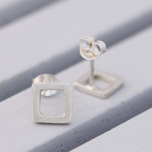 quare silver stud earrings showing post and scroll backs, sterling silver studs