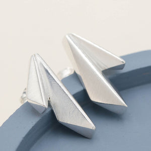 Art Deco silver earrings with two overlapping kite shapes, handmade in polished sterling silver