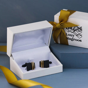 Black and Gold cufflinks presented in a luxury gift box, ready as special cufflinks gift for him for weddings, anniversaries, birthdays or Christmas.