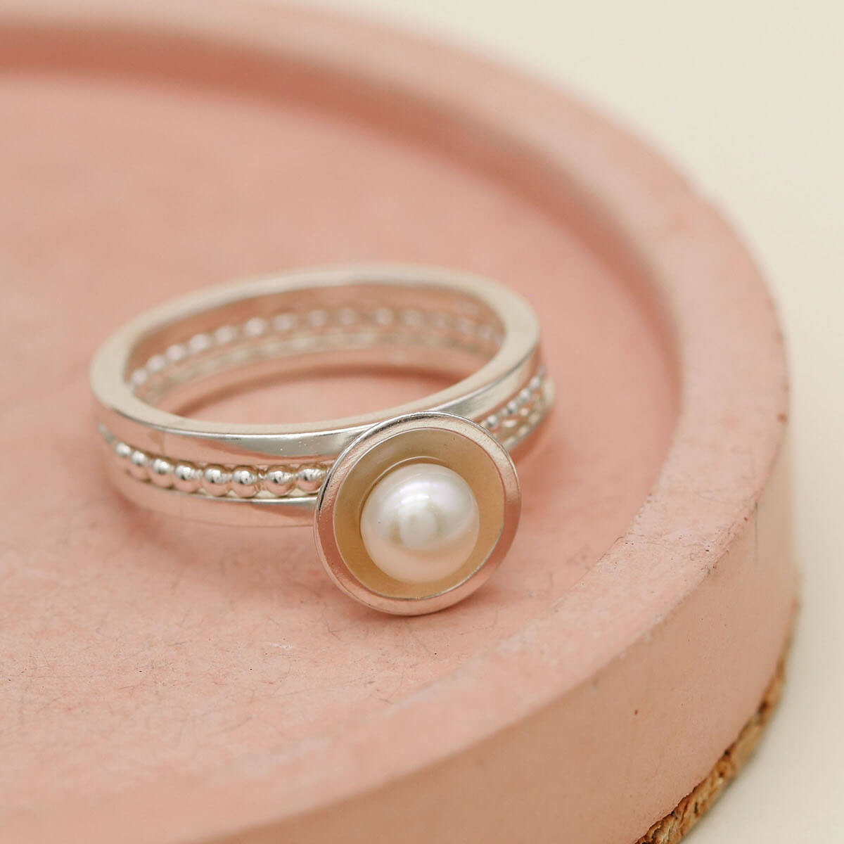 Pearl stackable ring set handcrafted in sterling silver with freshwater pearl