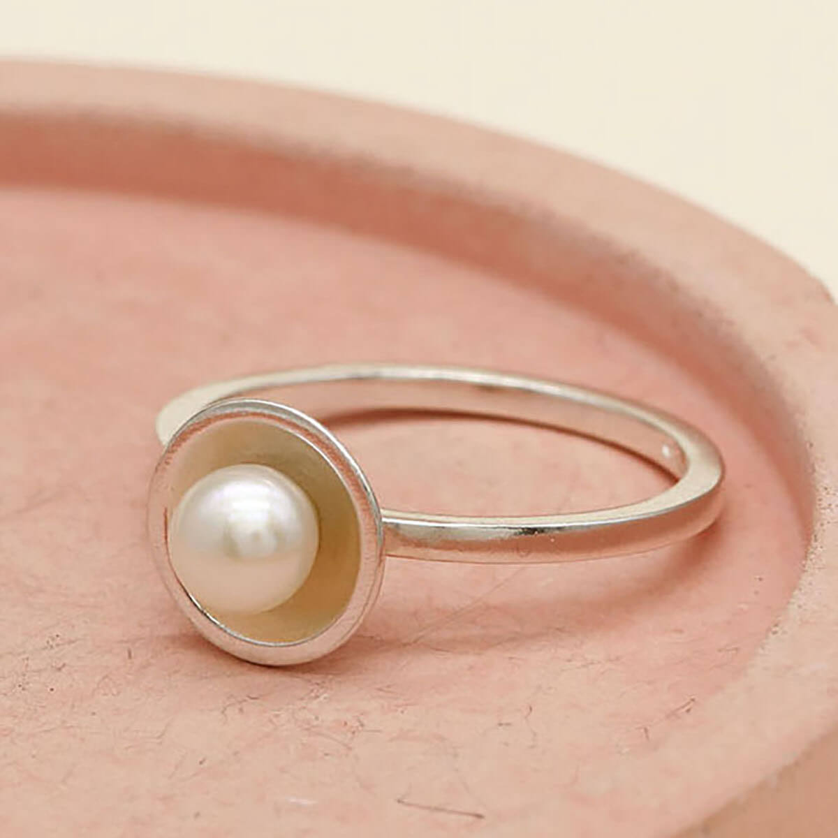 Stackable pearl ring handcrafted in polished sterling silver with freshwater pearl