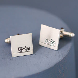 One cufflink upturned to reveal LOVE YOU hand-stamped on reverse, romantic gift for car lovers and Groom cufflinks for the wedding day.