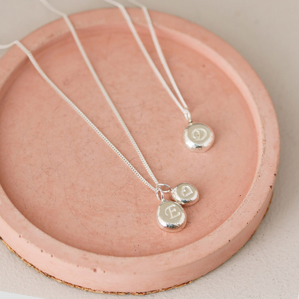 Small Initial Necklace – Unique Pebble Necklace Made from Recycled Silver