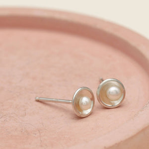 Petite sterling silver pearl earrings inspired by Art Deco design