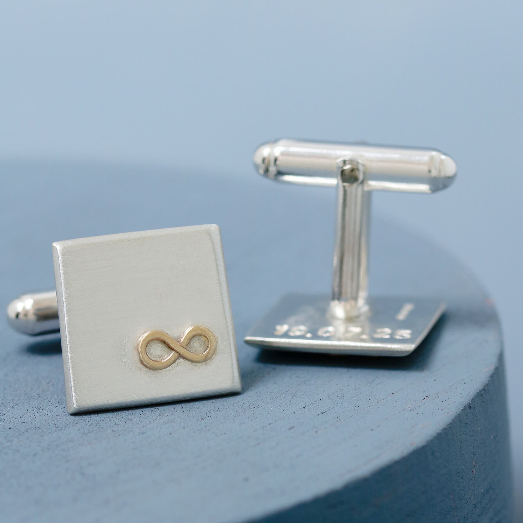 Gold infinity Cufflinks personalised, presented in a white Louy Magroos gift box – a sentimental husband anniversary gift ready to give.