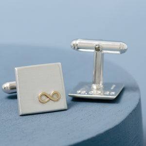 Gold infinity Cufflinks personalised, presented in a white Louy Magroos gift box – a sentimental husband anniversary gift ready to give.