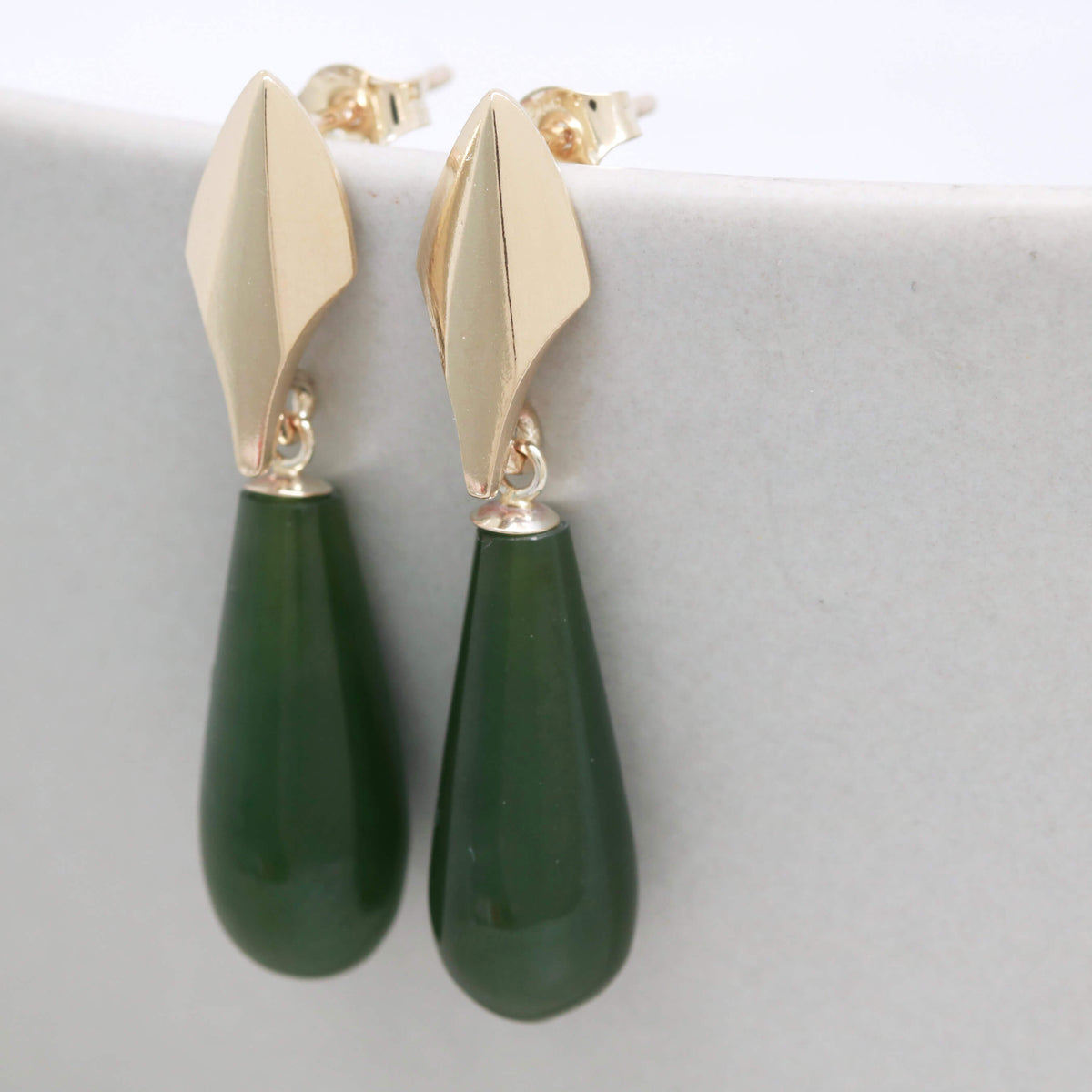 9ct Gold Deco Dropper Earrings with Nephrite