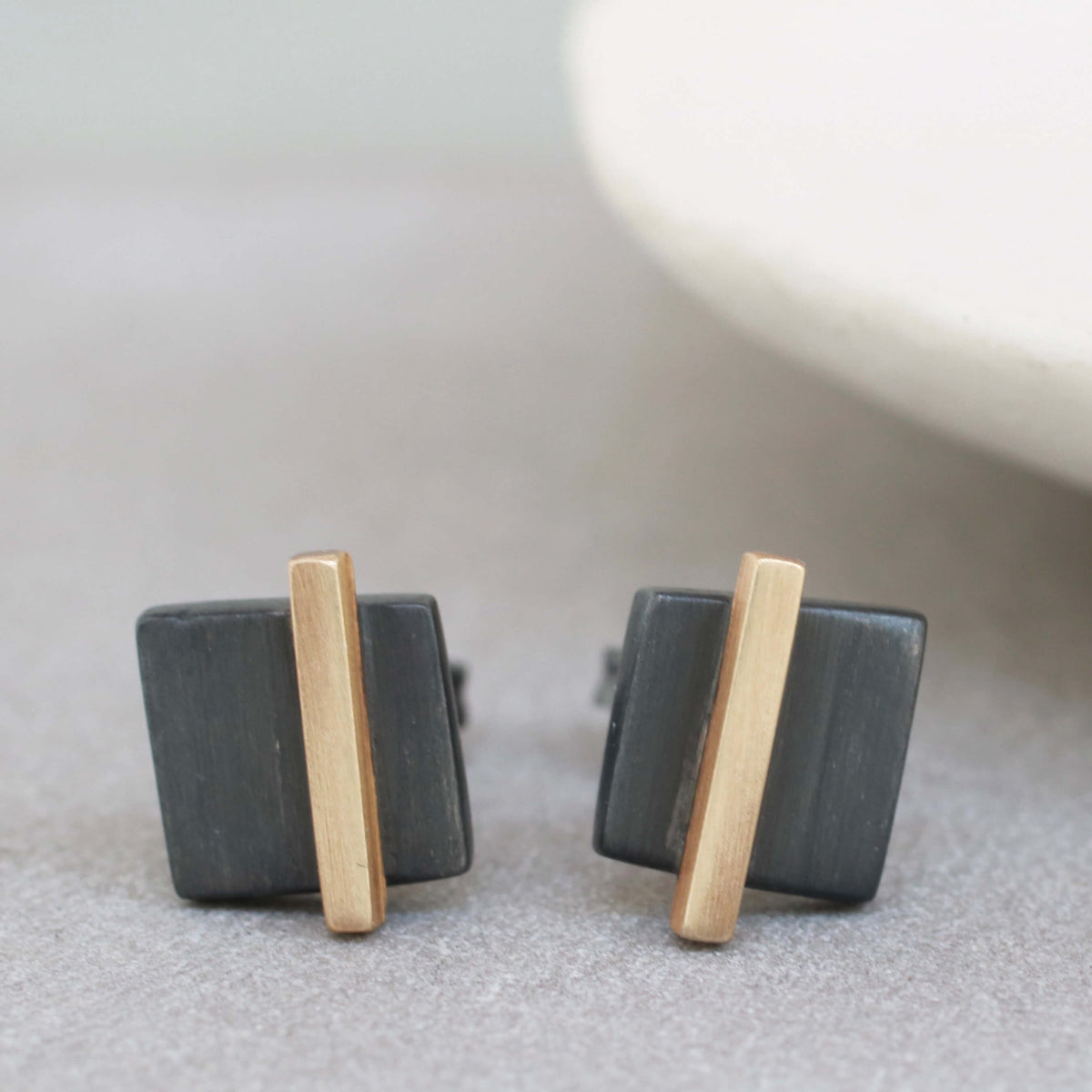 Geometric Earrings. Black And 9ct Gold Square Studs