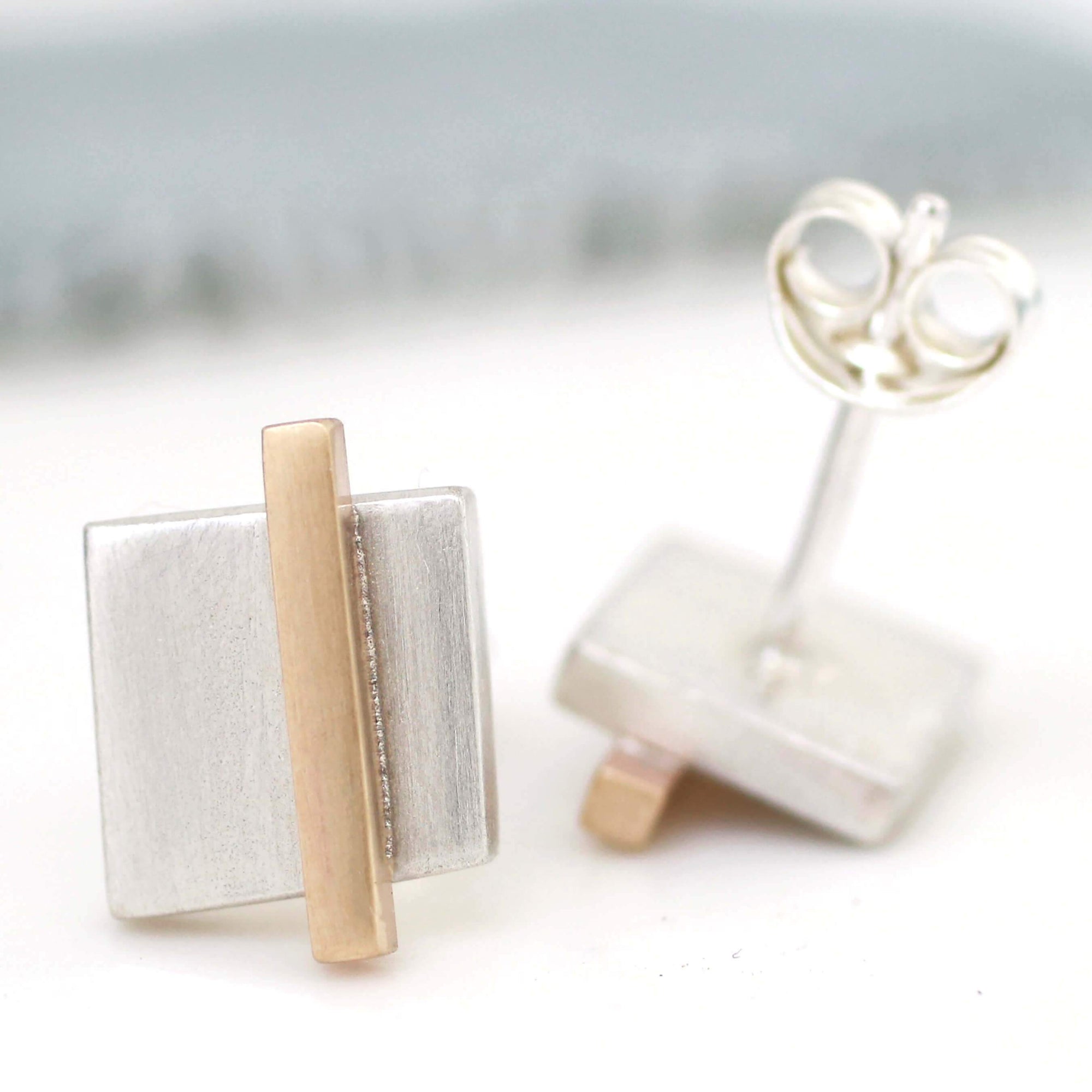 Geometric Earrings. Silver And 9ct Gold Square Studs