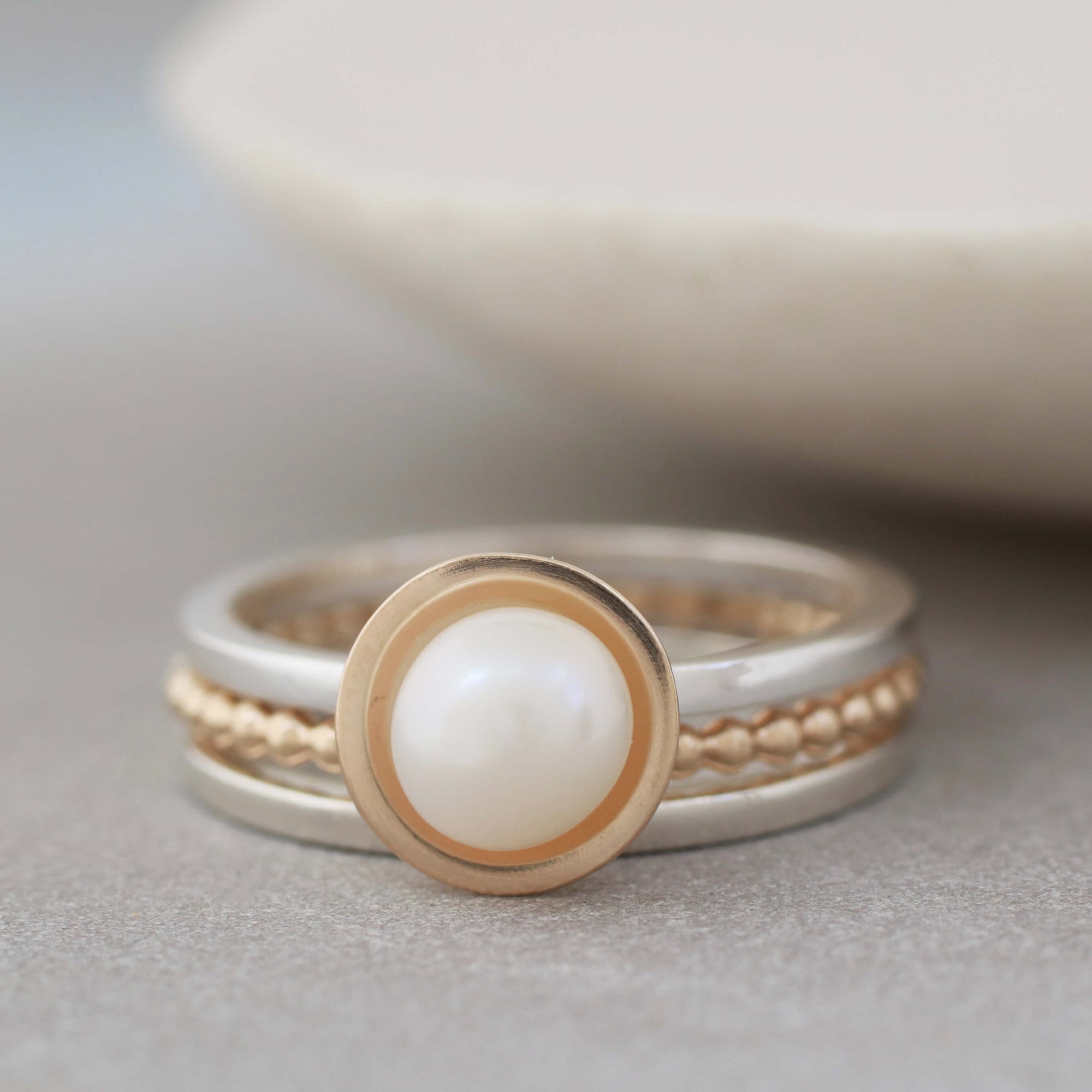 Silver And 9ct Gold Pearl Stacking Ring Set