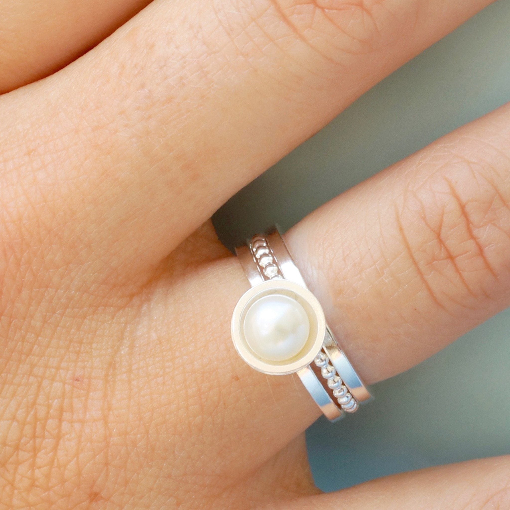 Stacking rings for women worn together on finger with freshwater pearl ring