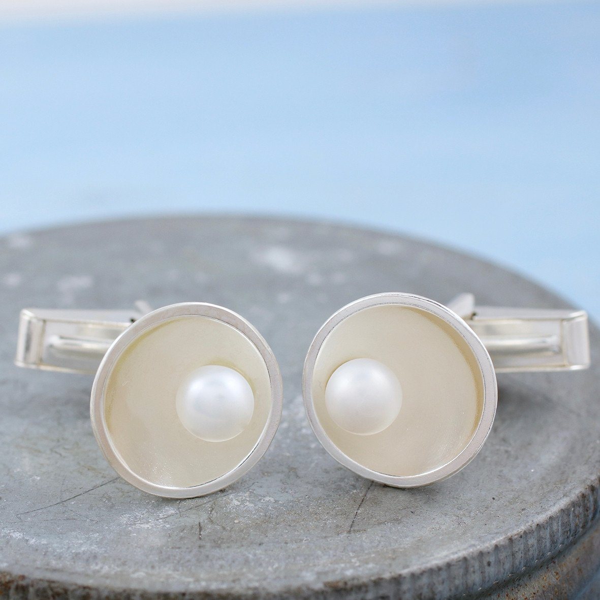 domed round silver cufflinks with pearls