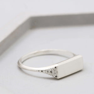 Engraved Sterling Silver Rectangle Signet Ring - Deco Arc