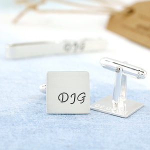 personalised cufflinks and tie clip set
